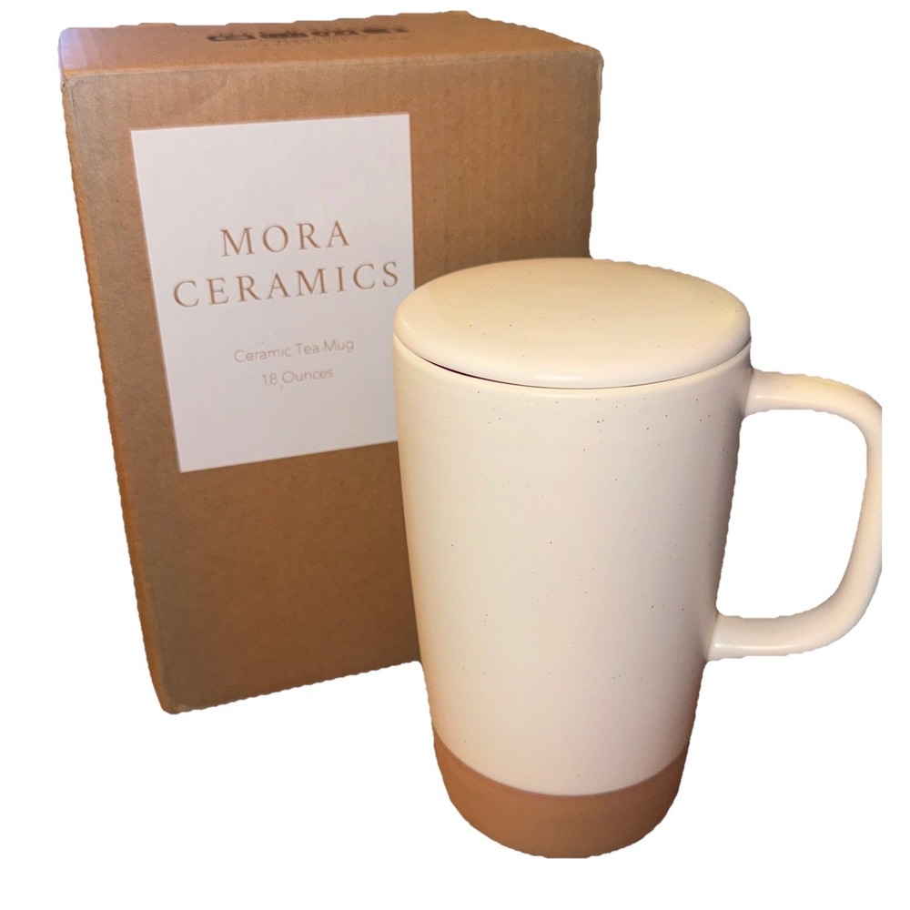 Mora Ceramics Hit Pause 18 oz Tea Mug W/ Lid Cotton White Modern NIB No Defuser